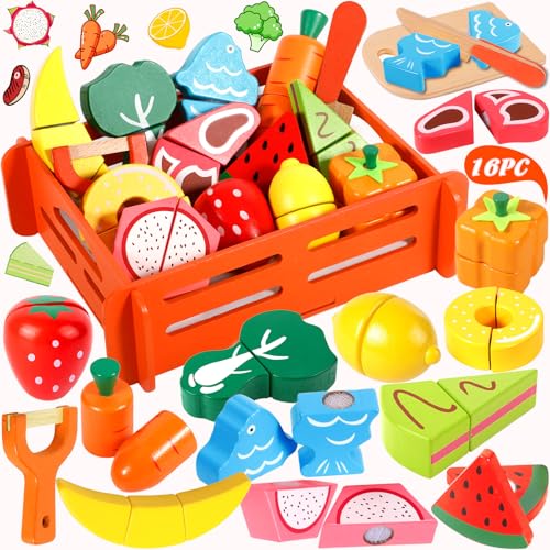 ENCOUN Frutta e Verdura Giocattolo per Bambinis, Frutta da Tagliare Giocattolo, Cibo Giocattolo per Bambini,Accessori Cucina Bambini,Fruttas Legno da Tagliare Montessori 2+Anni Giochi di Ruolo Regalo