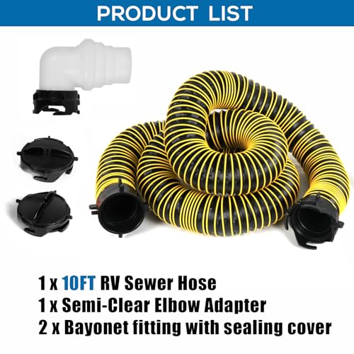 Image of 10FT RV Sewer Hose with Bayonet Fittings and 4-in-1 Adapter Elbow | EXTREME Heavy Duty 24 Mil, TPE Material, Abrasion Resistance and Crush Protection