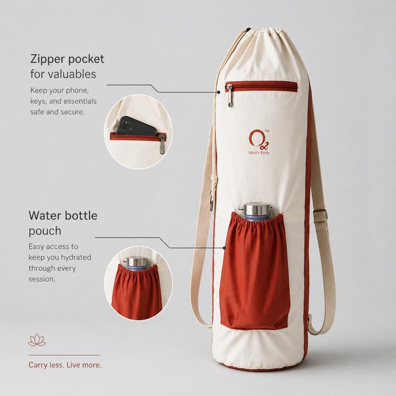 Image of O2 Yoga Mat Bag | Basic Style Cotton Yoga Mat Carry Bag with Adjustable Double Straps | Bottle Holder & Zipper Pocket | Yoga Mat Cover Bag for Women & Men | Fits 2mm-10mm Mats - Rusty Cream