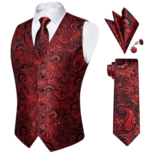DiBanGu Mens Paisley Suit Vest and Tie Set Silk Sleeveless Vest and Necktie Pocket Square Cufflinks for Wedding Formal