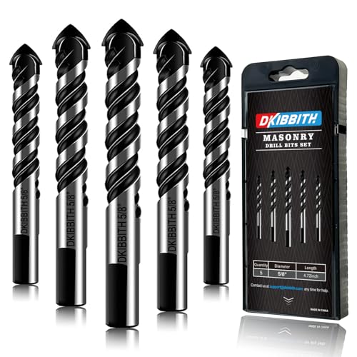 5-Piece 5/8“ Masonry Drill Bits for Tile Glass Ceramic Wall Brick Stone Soft-Metal Wood, 5/8 Inch Concrete Drill Bits Cement Drill Bit Set, 3-Flat Shank, YG8 Carbide Tungsten Steel Alloy Tip 16mm