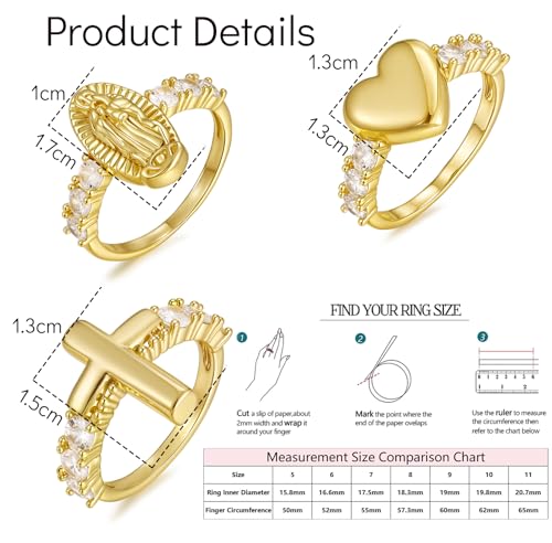 BOMAIL 3Pcs 14K Gold Plated Cross Ring for Women Non Tarnish Gold Chunky Rings Set Stackable Cubic Zirconia Cross Ring Eternity Promise Ring for Her Wedding Band Ring Jewelry Size 6-112