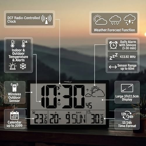 Green Blue GB218 Wetterstation Digitale Wanduhr mit Außensensor, DCF-Uhr, 37x22,5cm Große Wanduhr, Alarm mit Schlummerfunktion, LCD Display, Innen und Außentemperatur, Wettervorhersage