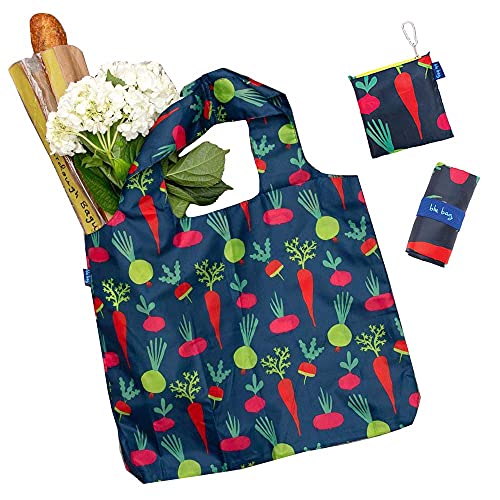 rockflowerpaper Bolsas reutilizables para compras – Bolsa azul con patrón azul de verduras de raíz – Lavable a máquina, plegable, bolsa plegable – Asas grandes – Resistente y ligera – Bolsa superior