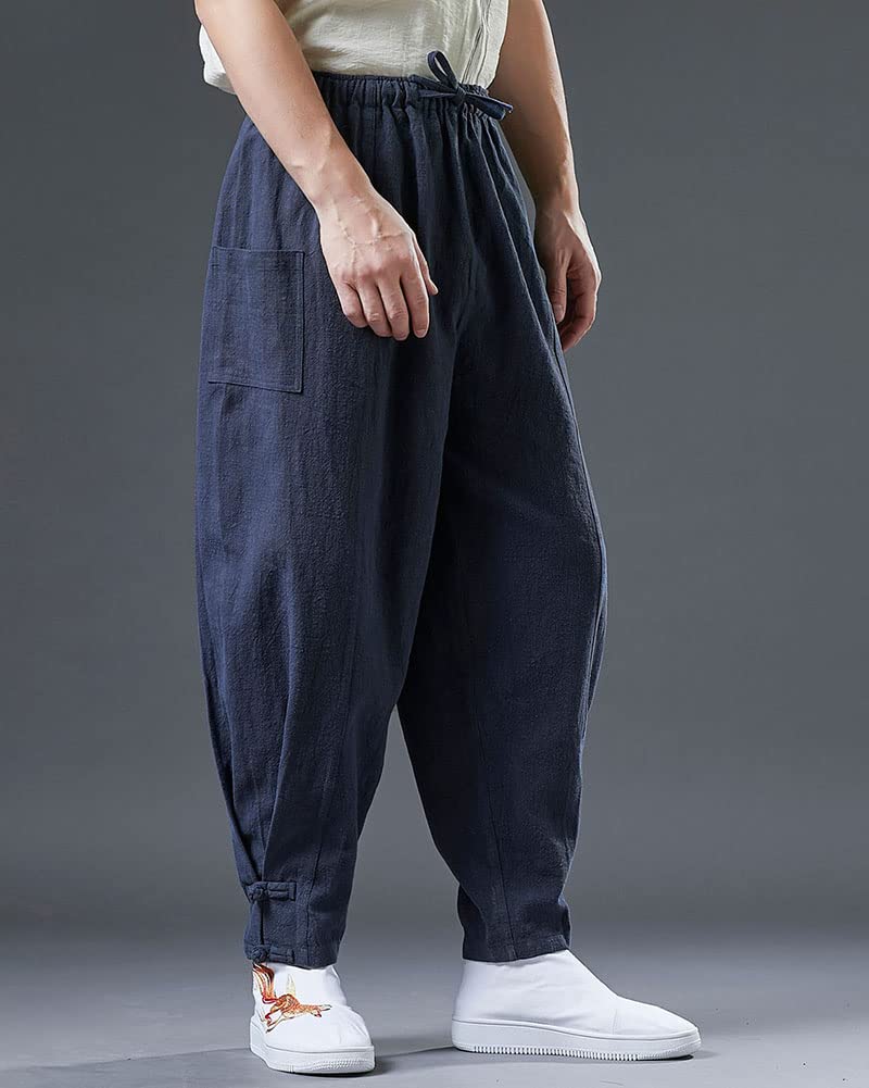 GUOCU Męskie spodnie chinosy Ramie ze ściągaczem jednokolorowe lniane spodnie swobodne luźne spodnie zwężane proste spodnie do jogi letnie spodnie plażowe Lounge Wear