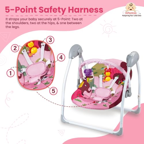 Image of Infantso Plastic Automatic Baby Swing Rocker with Hanging Toys and Remote Control for Newborn Baby - Foldable with Speed Adjustment and Safety Harness (Pink), 66 x 50 x 44 Cm