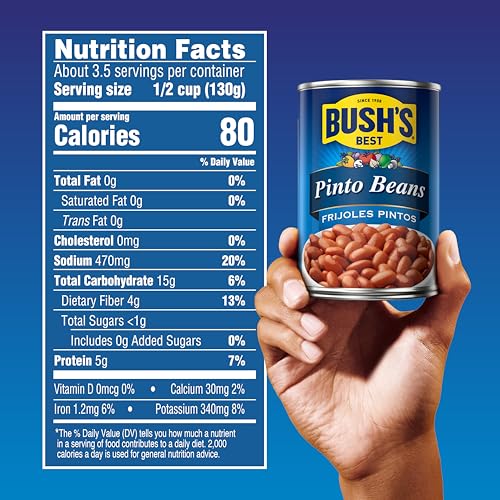 Image of BUSH'S BEST 16 oz Canned Pinto Beans, Source of Plant Based Protein and Fiber, Low Fat, Gluten Free, Great For Soups, Salads and More, (Pack of 12)