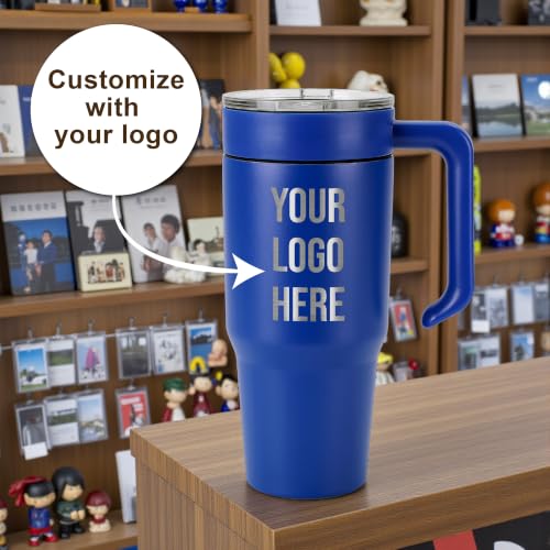 Image of Custom Engraved 30 oz Tumbler with Handle for Company Branding | 30 oz insulated stainless steel tumbler, laser engraved with your custom logo for business branding and gifts