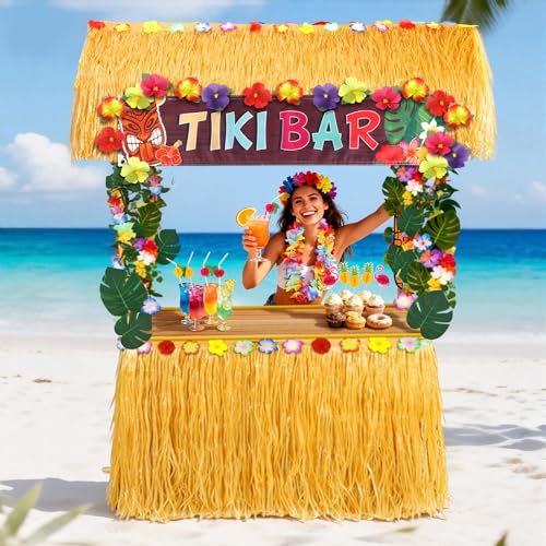 153 PCS Tiki Bar Hut Kit with Roof Portable Tiki Bar Decor with Table Skirt Leis Banner Flower Garland Luau Party Supplies for Pool Beach Party