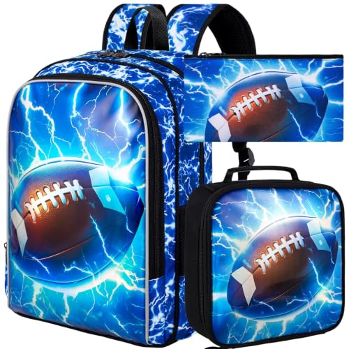 KLFVB 3PCS Kids Bookbag, 17" Boys Backpack and Lunch Box, Water Resistant Teenagers School Bag for Middle Elementary - Lightning Rugby