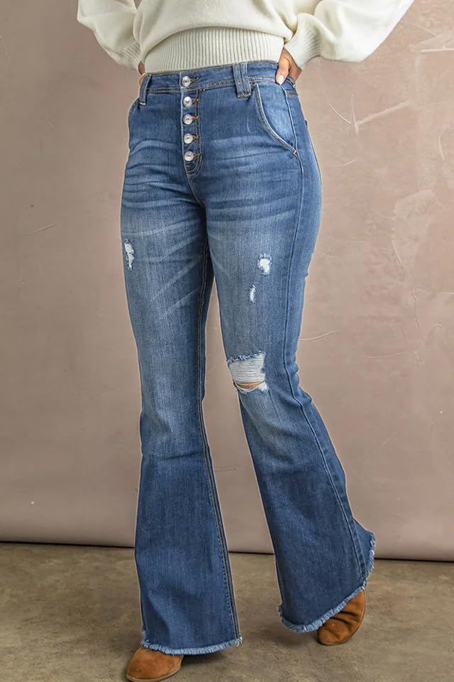 High Waisted Flare Jeans for Women Stretchy Wide Leg Distressed Raw Hem Buttonfly Denim Pants 2024 Fall Fashion3