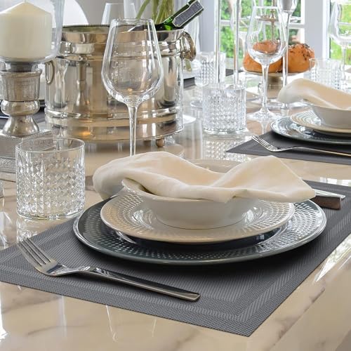 Image of Placemats Set of 6 Dining Table Place Mats | Placemats Table Mat PVC Material | Non-Slip Heat Resistant | Dining Tablemates Washable Anti-Skid | Size 45 x 30cm (Grey)