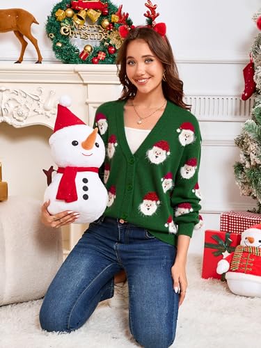 Simplee Green Santa Face Button Christmas Cardigan - Image 3
