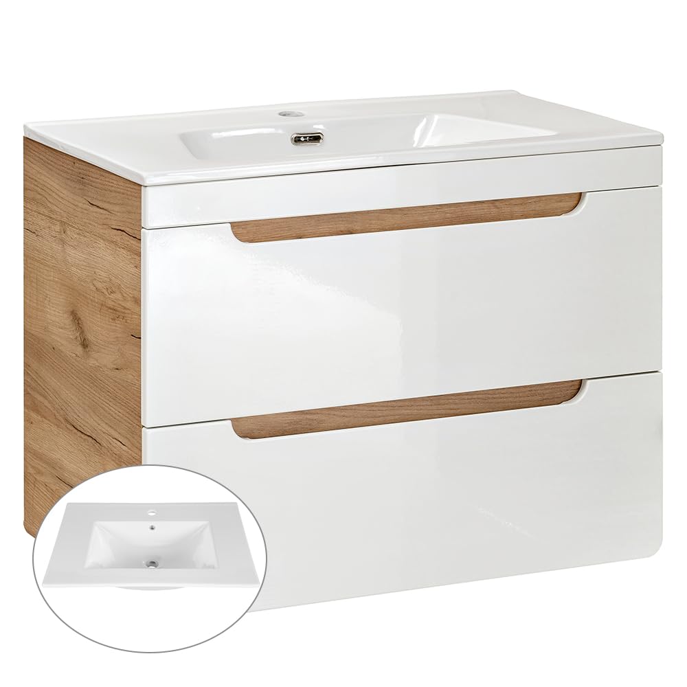 Lomadox Ensemble de meubles de salle de bain avec vasque et miroir LED de 81 cm - Blanc brillant avec chêne Wotan - Armoire suspendue, meuble bas