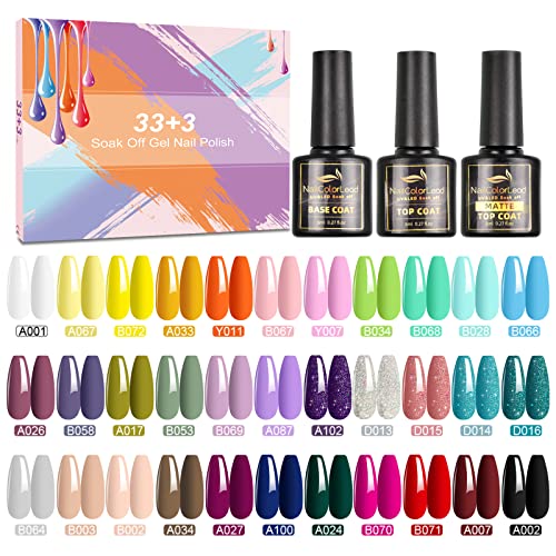 Gel Nail Polish Set, Yocrovv 36 Pcs Gel Polish Soak Off Gel Nail Kit with Glossy and Matte Gel Top Coat Base Coat, Popular Polish for Gel Nail Art Christmas Gift