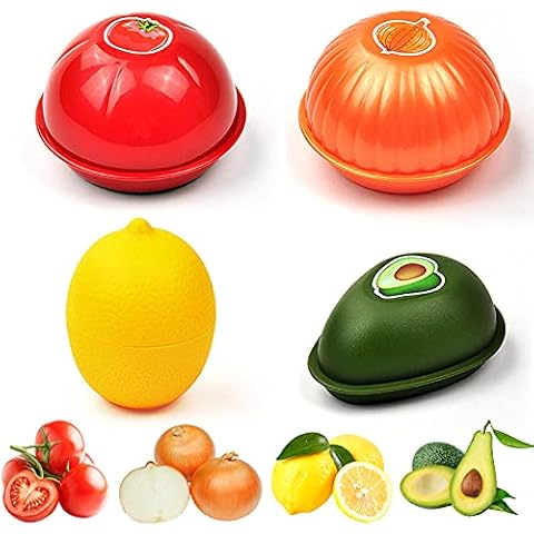 4 Pack Fruit and Vegetable Storage Containers Set for Fridge, Avocado Saver Onion Storage Container Tomato and Lemon Keeper Cover