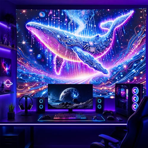 Image of BlissYard Whale Circuit Blacklight Tapestry 78x59 Inch Futuristic Ocean Animal Blacklight Tapestry Glow in The Dark Wall Hanging Neon Whale Decor for Bedroom Living Room Dorm Party Art