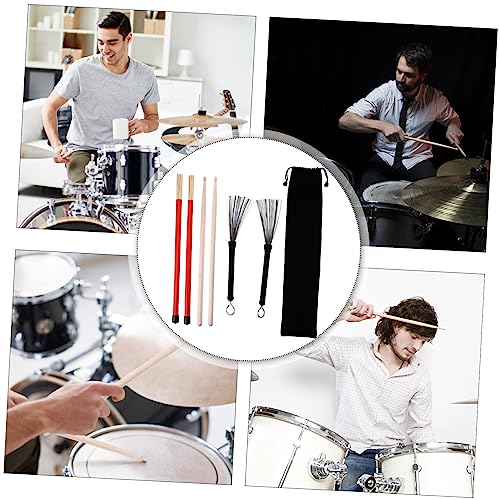 Conjunto de baquetas TOYANDONA, 1 set con cepillos retráctiles de alambre de acero y varillas de bambú, accesorios esenciales para bateristas, incluye bolsa transportadora miniatura 2