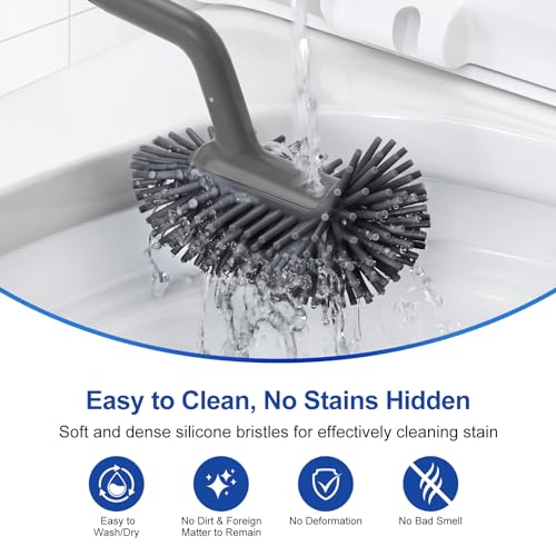 Image of HAMITOR Toilet Bowl Brush Holder Set: Deep Cleaning Silicone Toilet Cleaner Scrubber Under Rim with Curved Bristle for Bathroom Dead Corner Clean - Modern Rv Toilet Decorative Accessories - Gray