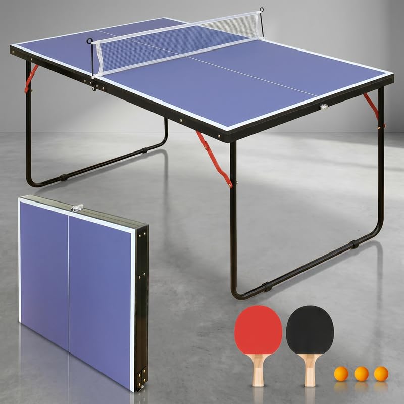 Klappbare Tischtennisplatte, platzsparender Mini Tischtennistisch, wetterfest, faltbar für Outdoor & Indoor, kleine Ausführung mit Standfuß