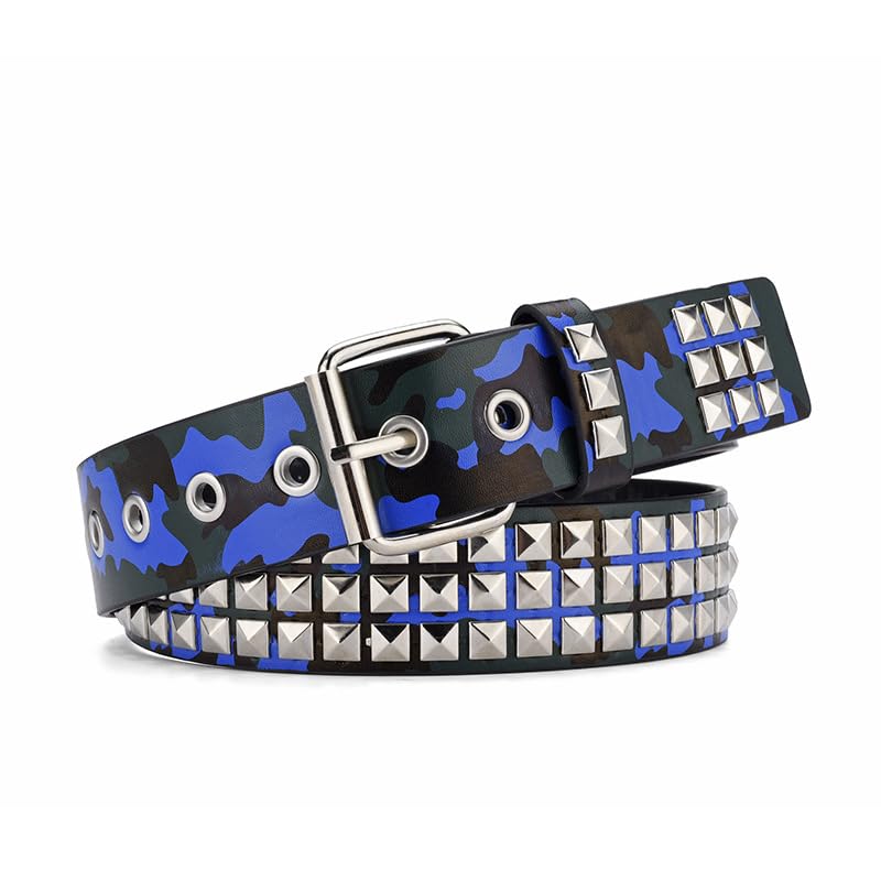 Xiao Hua Punk Leather Belt,Women Men Goth Pyramid Studded Square Beads Rivet Jeans Belts,43in(blue camouflage)