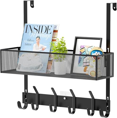 LUCYCAZ Over The Door Hooks - Over Door Organizer, Door Hanger Towel Rack with Mesh Basket & Wreath Hanger, Behind Door Storage Coat Hooks for Bathroom, Bedroom, Kitchen (Black)