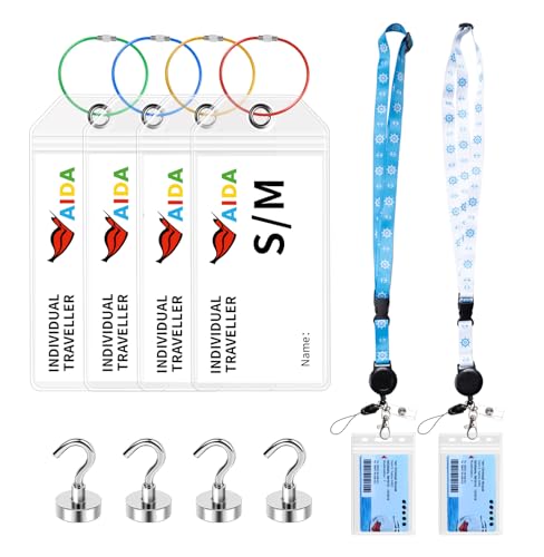 [2025 Kreuzfahrt Essentials-Set] 4 Reißverschluss-Kofferanhänger + 2 Abnehmbare Lanyards & 4 Magnetische Haken | Must-Have Zubehör für AIDA, TUI, MSC, Hapag-Lloyg & NCL Kreuzfahrten