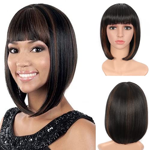 Sotica 12 Inches Short Straight Bob Wigs with Flat Bangs Yaki Synthetic Natural Looking Heat Resistant Full Hair Wigs for Women Girls (Black Mix Brown)