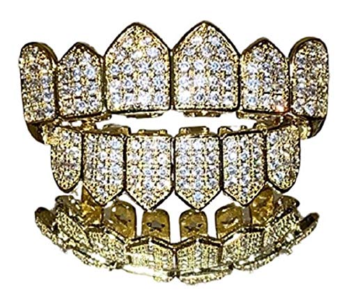 Shop-iGold Joker 14k Gold Fang Grillz Finish for Mouth Top Bottom Hip Hop Teeth Grills for Mouth Grillz for Mouth Top Bottom Hip Hop 6 Grills for Teeth Mouth Set - Teeth Cap, Iced Grillz (Top Only)