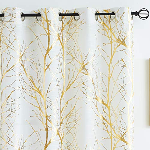 Fmfunctex White Gold Semi Sheer Curtains for Bedroom 54 Drop Voile Curtain for Living Room Branch Foil Eyelet Linen Textured Light Filtering Window Curtain Drapes for Dining Room 2 Panels - Image 3