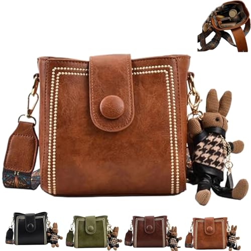 Bootara Bucket Bag, Bootara Women's Vintage Bunny Charm Bucket Bag Convertible Shoulder/Crossbody, Spacious Travel Tote