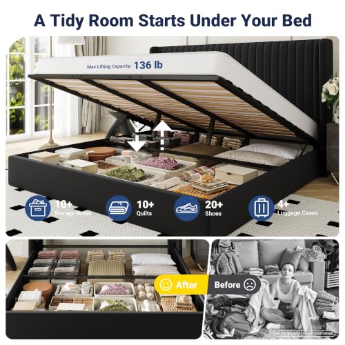 Image of Allewie King Size Lift Up Storage Bed Frame Channel Tufted Headboard Black