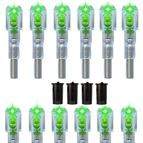 LightingU 12pcs Bolts Lighted Nocks with .285 .297 .300 .305 Bushings, High-Visibility LED Crossbow Accessories for Hunting On/Off Switch (Green)