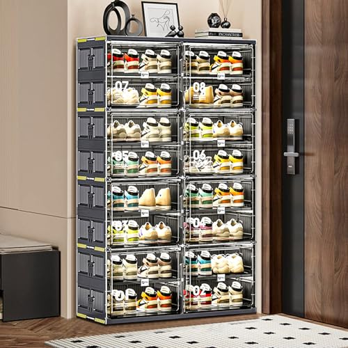 Image of 32 Pairs Portable Shoe Storage Cabinet of 3-Step Fast Installation, Plastic Shoe Box with Magnetic Clear Door for Entryway, Enclosed Shoe Rack for Sneaker, Heels etc. (2Row, 8Tier)