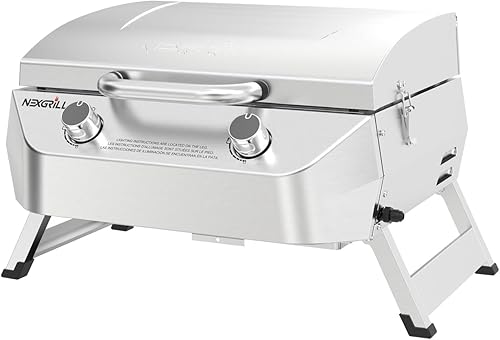 Nexgrill Parrilla de gas portátil de acero inoxidable de 2 quemadores, 20,000 BTU, 251 pulgadas cuadradas de espacio de cocción, perfecta para