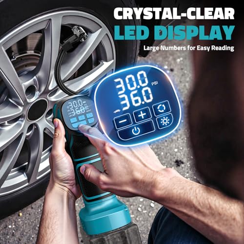 Image of DIYtoolifz 150PSI Cordless Tire Inflator Compatible with Makita 18V Battery | Portable Air Compressor Pump Car Tire Pump with Digital Pressure Gauge & LED Light for Auto, Motorcycles, Balls (Tool Only)