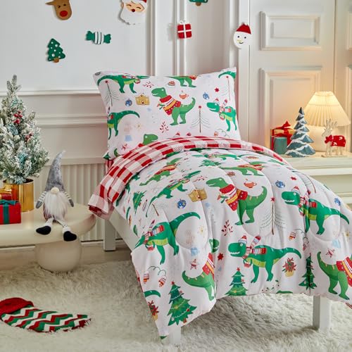 Image of Christmas Toddler Bedding Set for Boys Girls Green Dinosaur Colorful Holiday Toddler Bed Set - Soft Toddler White Bed in a Bag with Red Plaid Sheet Set and Pillow Shams