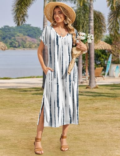Image of Zeagoo Women Summer Floral Dress Short Sleeve Beach Dress with Pockets Casual V-Neck Split Long T-Shirt Dress Travel Vacation