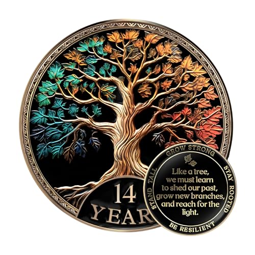 Image of MilestoneMint 14 Year Sobriety Coin Tree of Life Gift Set | Anniversary Sobriety Gifts for Men & Women | AA Coins and Medallions with Token Capsule, Stand & Card | 3D Texture, Recovery AA Chips