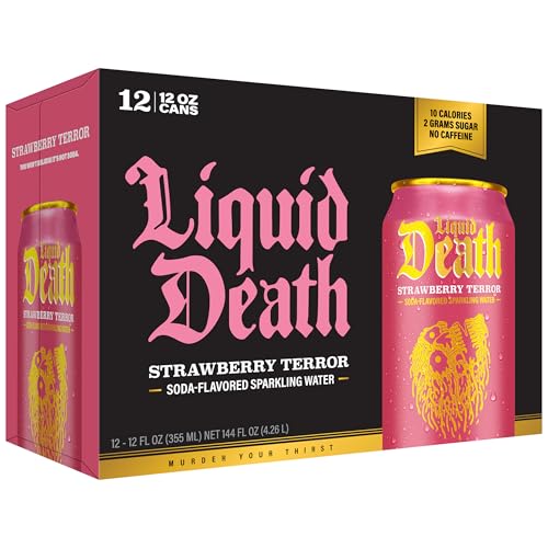 Image of Liquid Death Soda-Flavored Sparkling Water - Strawberry Terror, Less Sugar*, Huge Flavor, No Caffeine, No Artificial Sweeteners, 12 Fl Oz (Pack of 12)