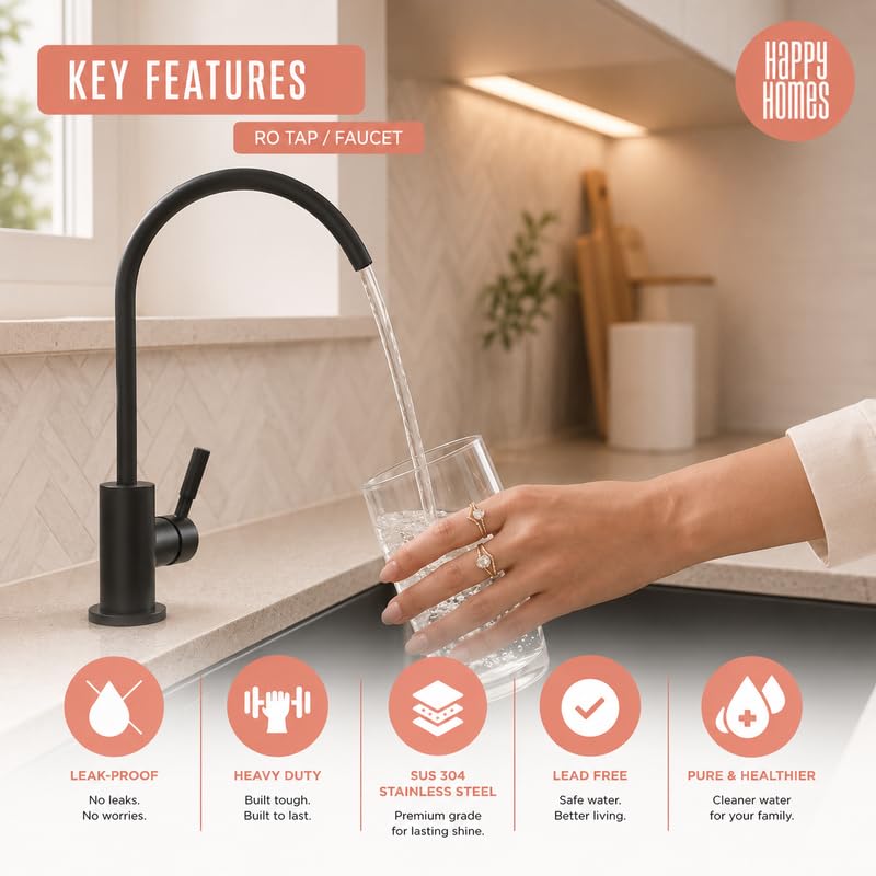 Image of Happy Homes Stainless Steel Faucet Tap - Ideal for Undersink RO Water Purifiers & Kitchen Sinks - Durable Drinking Water Filter Tap (Black Matt)