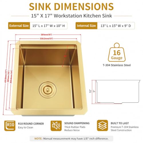 Image of Gold Bar Sink, 15 inch x 17 inch Stainless Steel Undermount Sink