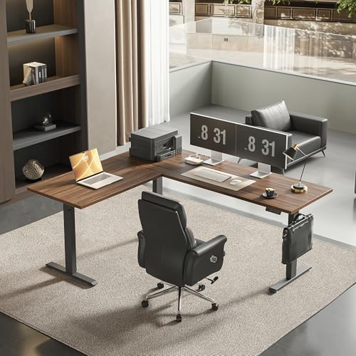 Image of Agilestic Triple Motors 73 inch x 60 inch L Shaped Standing Desk, Electric Standing Desk Adjustable Height, Extra Large Desktop Corner Table for Home Office, Gaming Workstation, Splice Board, Dark Walnut