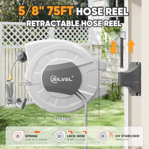 Image of SILVEL Retractable Garden Hose Reel, 5 /8 in x 75ft Wall Mount Heavy Duty Automatic Hose Reel with 10 Pattern Nozzle, Any Length Lock & Slow Return System, 180Swivel Bracket Upgraded UV Resistant