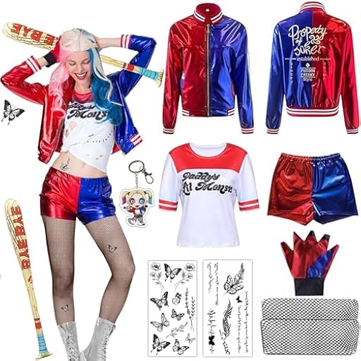 Shengruili Quinn Disfraz de mujer Quinn, disfraz de cosplay para adultos, niñas, villano, kit incluye chaqueta, camiseta, pantalones cortos, guantes y bordado de globo, disfraz de Quinn para Halloween | Ya disponible en tu tienda friki favorita! En mundofriki.es!