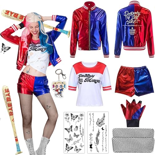 Shengruili Quinn Kostüm Damen,Quinn Cosplay Kostüme für Erwachsene,Mädchen Bösewicht Kostüm Kit Enthalten Jacke T-Shirt,Shorts,Handschuh und...