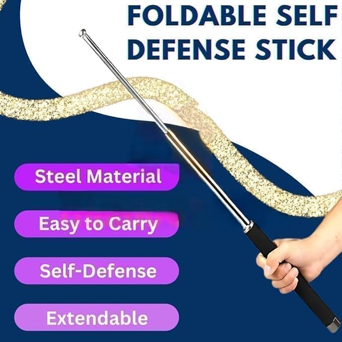 Image of Stainless Steel Foldable Self Defence Stick for Men & Women, Collapsible Safety Rod with Non-Slip Grip, Extendable Hiking Stick for Walking, Travel & Outdoor Safety (Pack of 1)