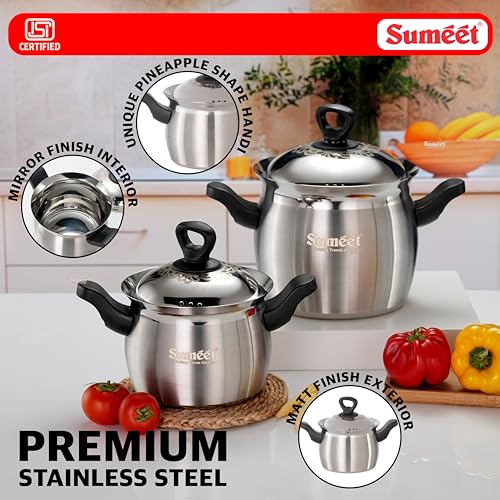 Image of Sumeet ISI Certified Stainless Steel Cook & Serve Pineapple Shape Handi /Cooking Pot with Steel Lid |Induction and Gas Compatible | Set of 2Pc - Capacity - 2000 & 4000ml -Dia - 17 & 20cm, Silver