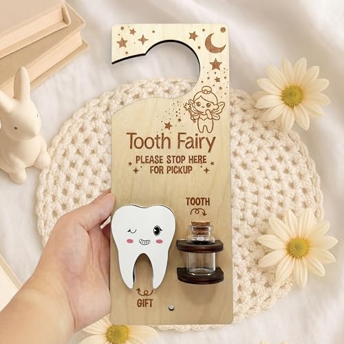 Image of DoubleFill Fairy Tooth Gift Holder Bag Door Hanger Lost Teeth Keepsake Box Tooth Fairy Kit Stores Back to School Gift for Lost Teeth Boy Girl Primary School Classroom Gifts(Fresh,Natural Wood Color)