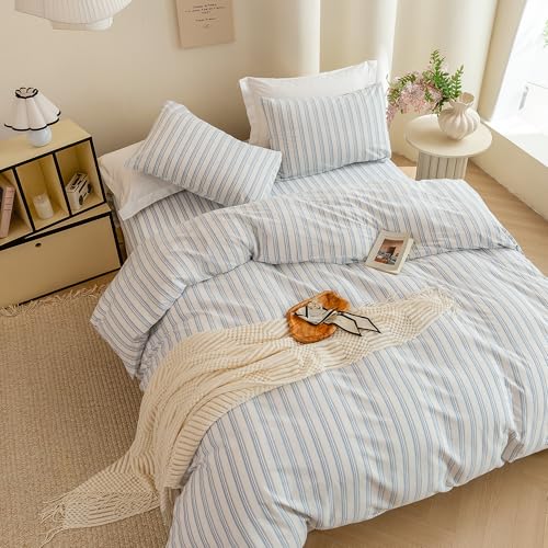 Image of ECOCOTT Striped Duvet Cover King Size -100% Washed Cotton Linen Like Textured Breathable Durable Soft Comfy Bedding Set with Zipper Closure & Corner Ties